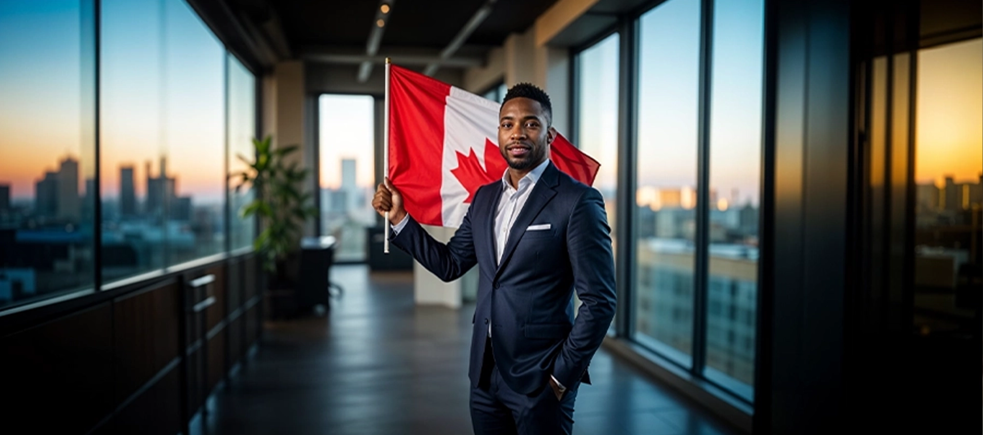 french male holding canada flag in business building