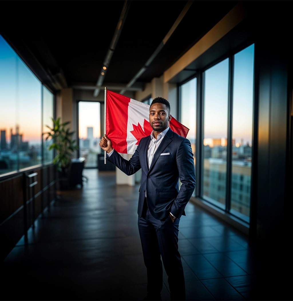 french male holding canada flag in business building